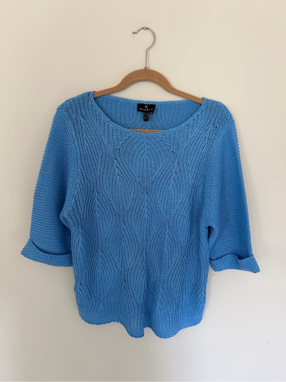 Marble Blue Leaf Open Knit Sweater Size L NWT